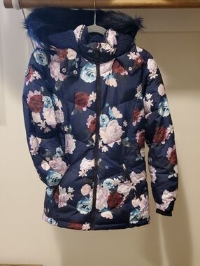 Justice Navy Floral Quilted Puffer Jacket with Hood Sz 14 / Womens Small